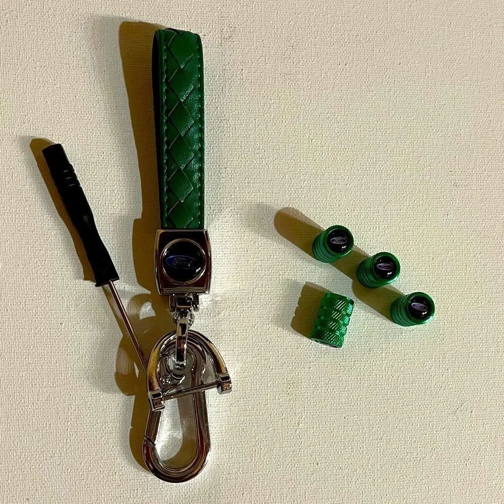 Ford logo fob Keychain in green leather & valve Stem Caps in green NWT